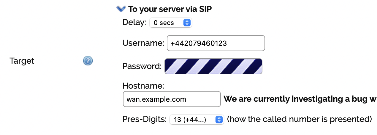 Screenshot of the Target section of the Incoming settings on my A&A ISP number, set up as described above.
