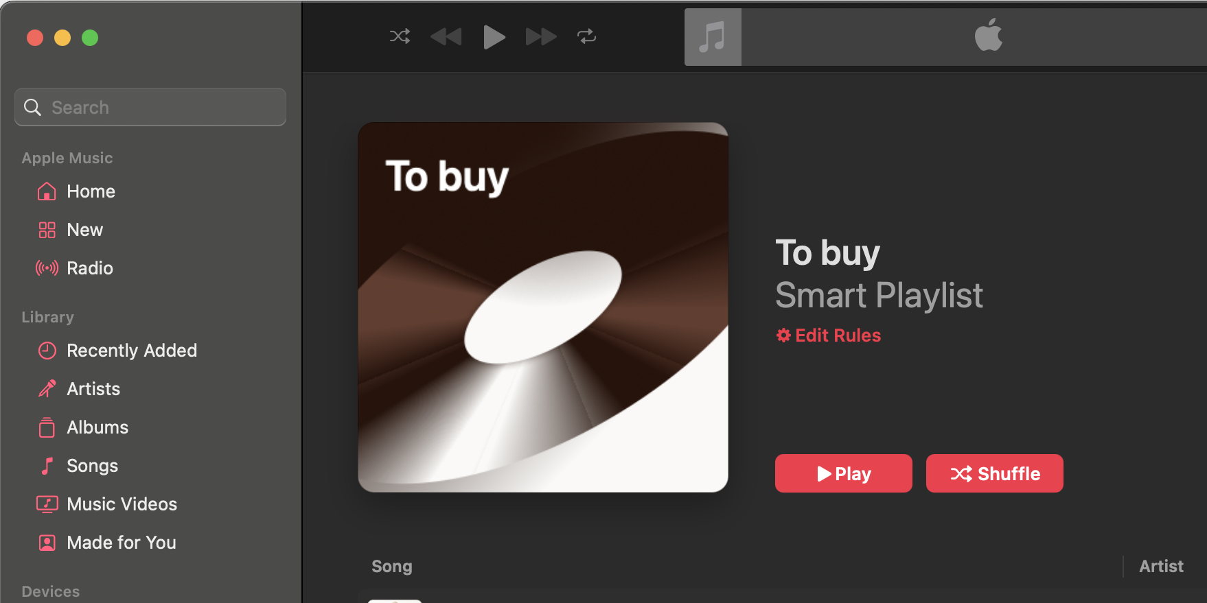 Screenshot of the Apple Music app open to a Smart Playlist entitled 'To buy', the cover art for which is the title on a background featuring a brown-coloured vinyl record.