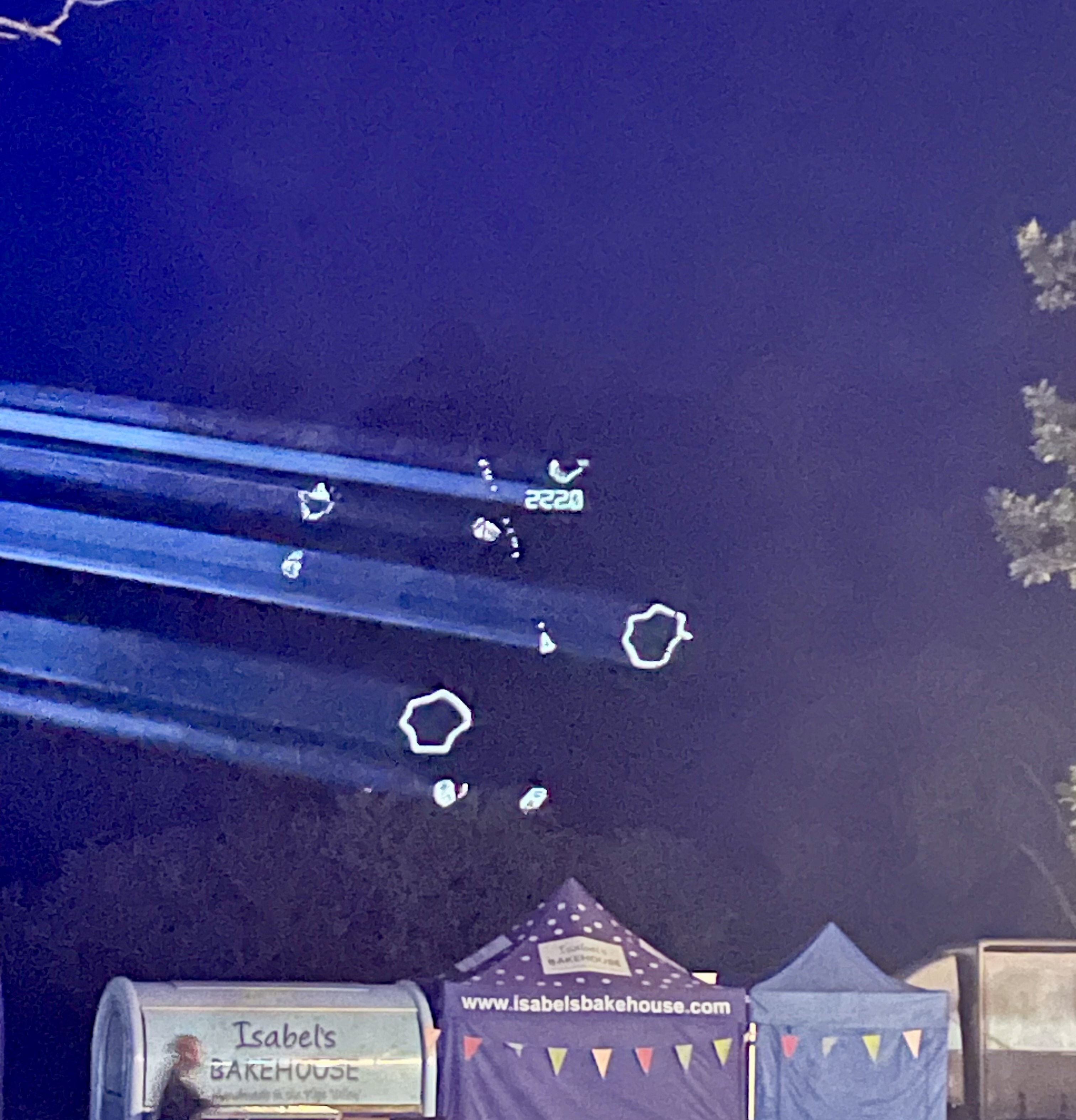 The classic game of Asteroids, projected on the side of a hill amid trees, using white lasers.