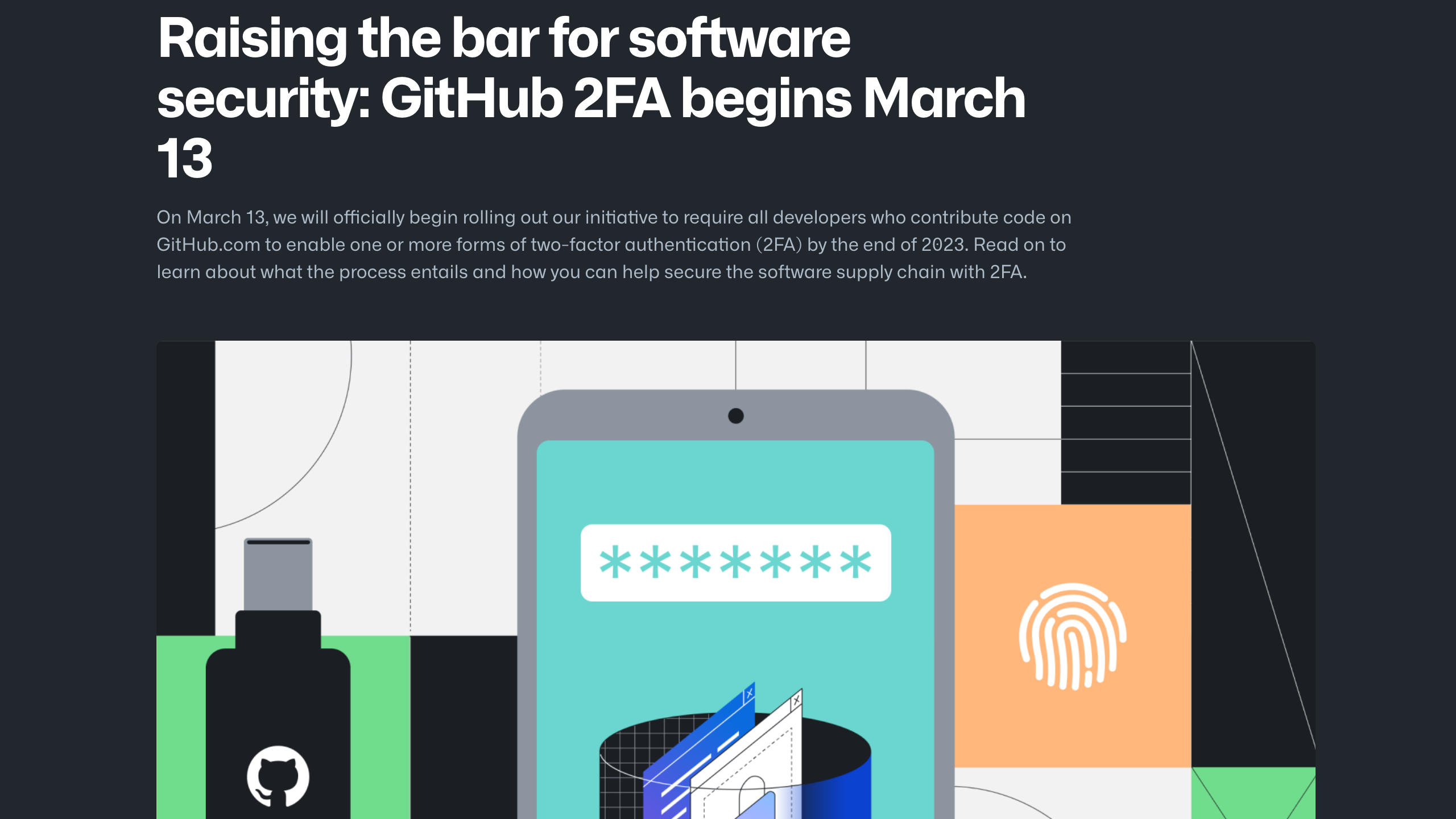 Screenshot of GitHub's blog post announcing this change, entitled 'Raising the bar for software security: GitHub 2FA begins March 13'. The lede reads: 'On March 13, we will officially begin rolling out our initiative to require all developers who contribute code on GitHub.com to enable one or more forms of two-factor authentication (2FA) by the end of 2023. Read on to learn about what the process entails and how you can help secure the software supply chain with 2FA.'