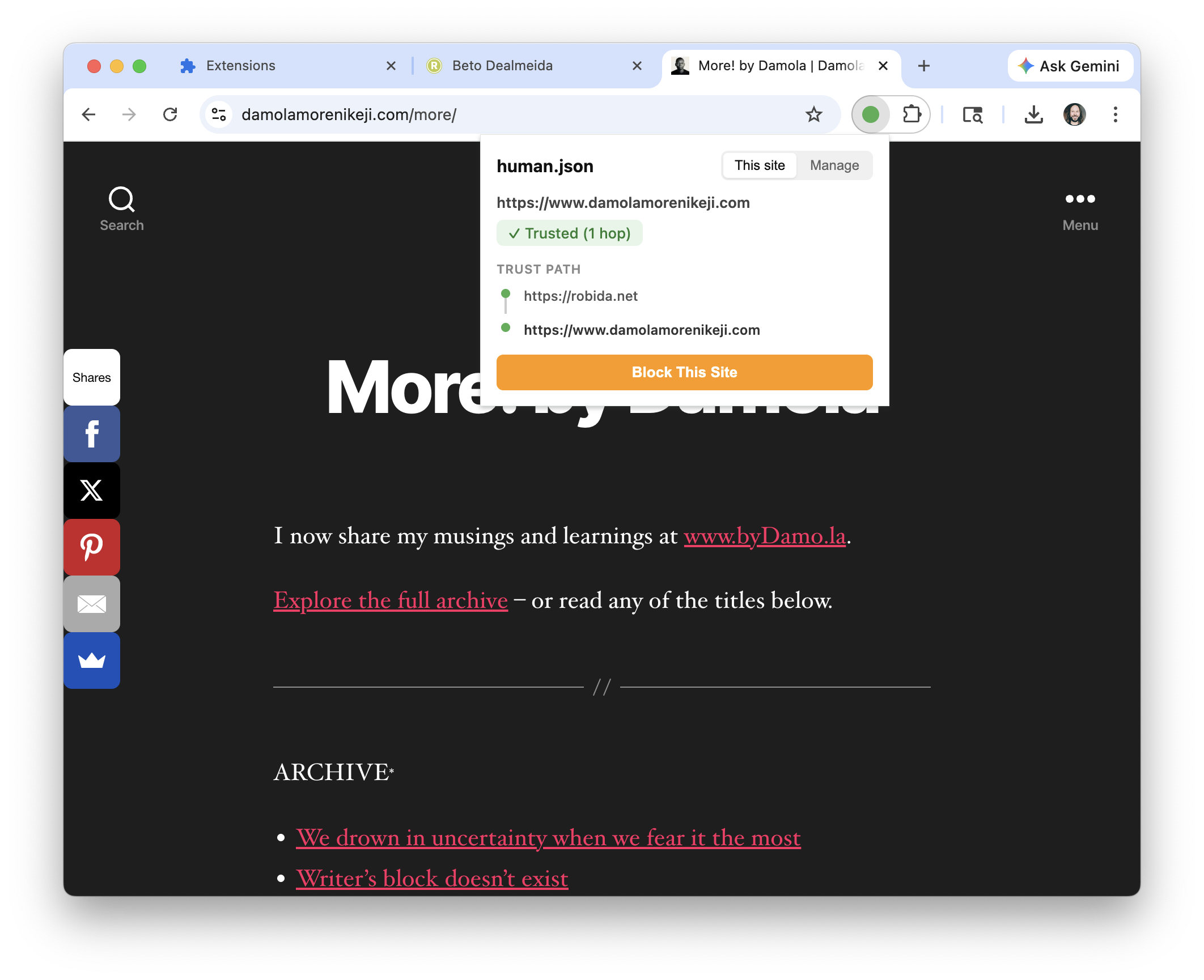 Screenshot of the human.json browser extension showing someone having been vouched for via the human.json file on someone else's blog