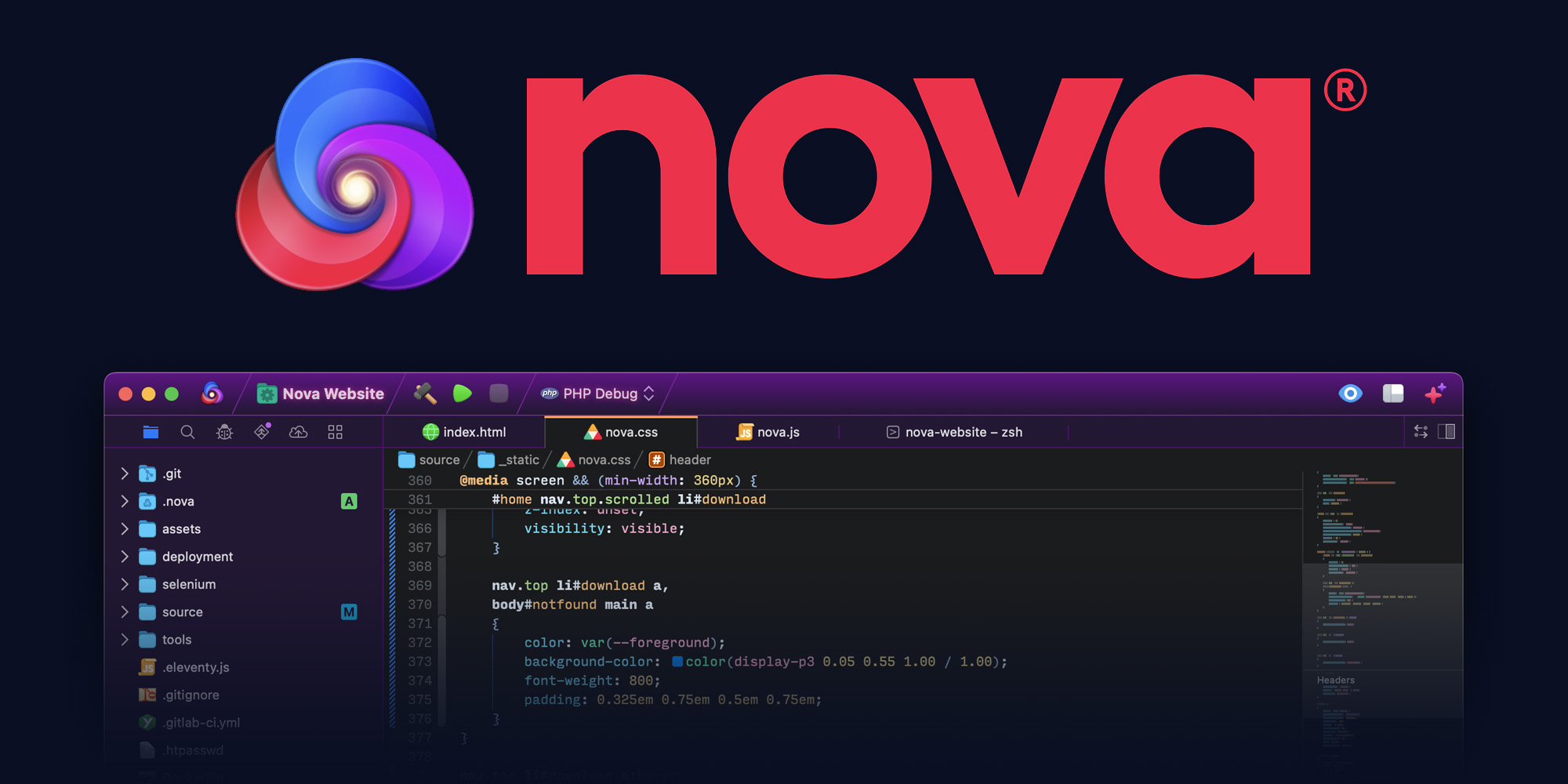 The Nova logo and a screenshot of the app displaying a website project.
