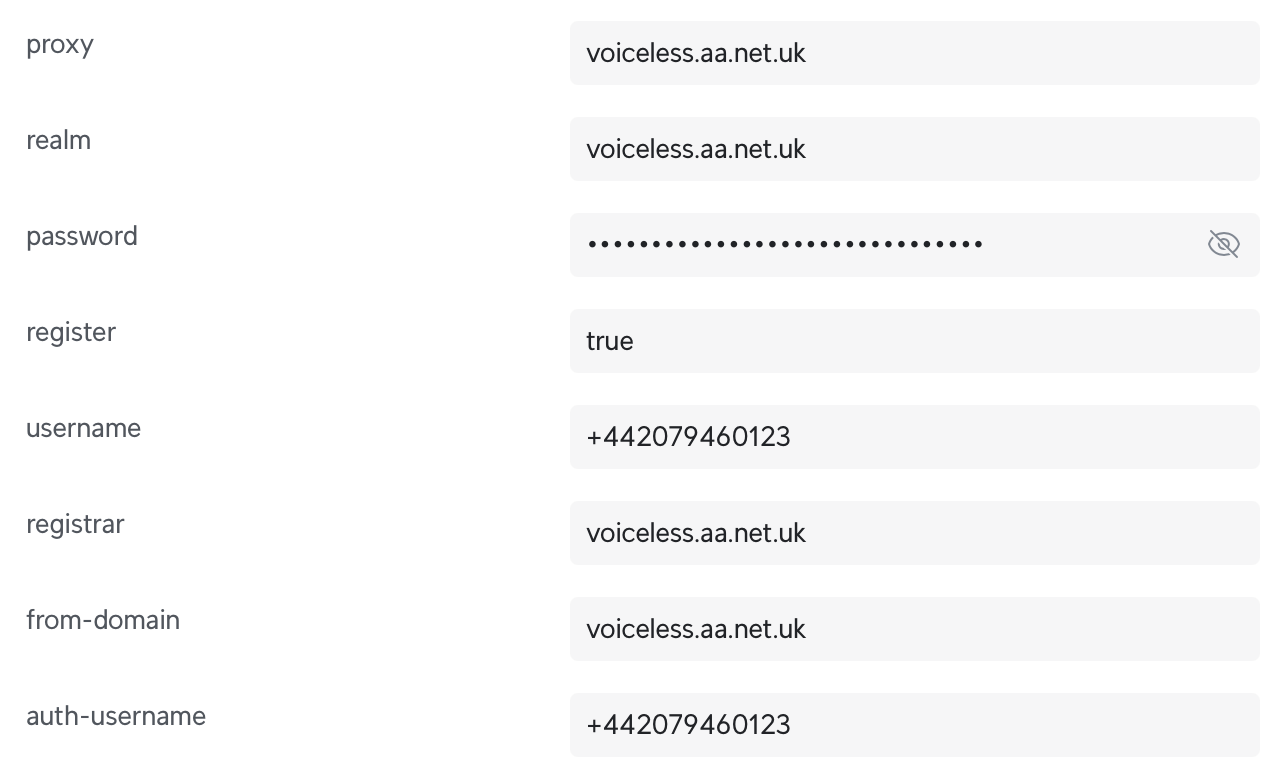 Screenshot of my UniFi Talk settings set up as described in the table above.